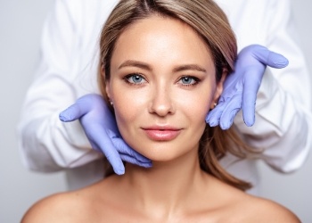 Dentist gesturing toward woman smiling after cosmetic dentistry treatment