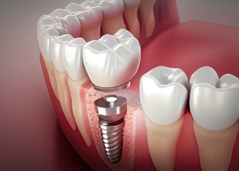 Illustrated dental crown being placed onto a dental implant