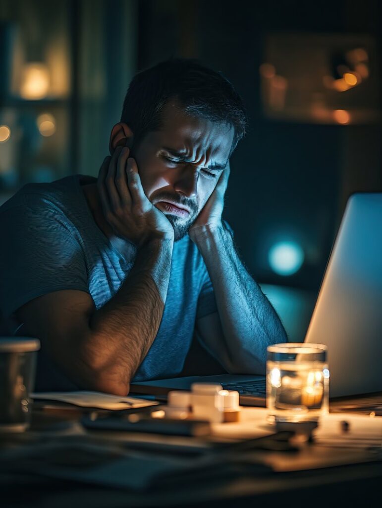 Man holding jaw in pain in front of computer in dark room.